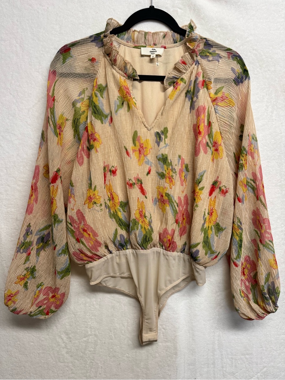 Entro Medium Cream Brown Multicolor V Neck Tie Floral Wrap Bodysuit Long Sleeve